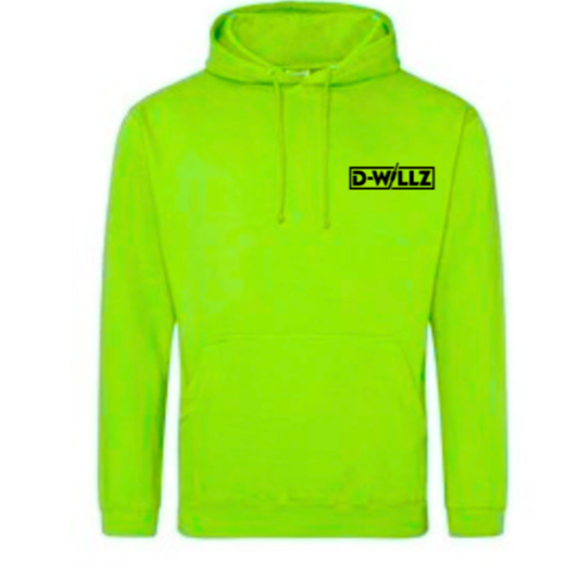 Neon green hoodie with a brand logo on a white background